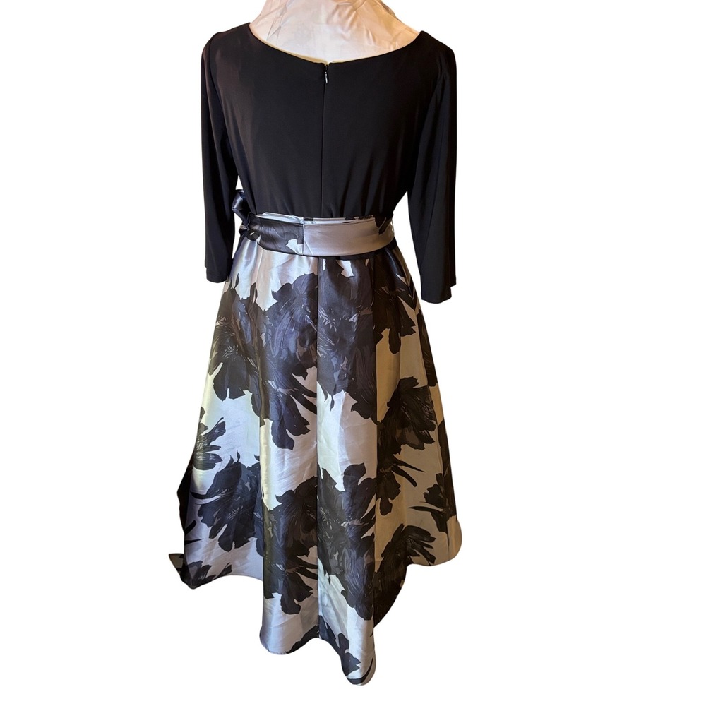 Vintage RM Richards Silver Black Floral Fit Flare Midi Dress Sz 10-12 High Low
